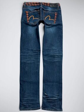 Evisu Flannel Plaid Accent Low Rise Straight Jeans
